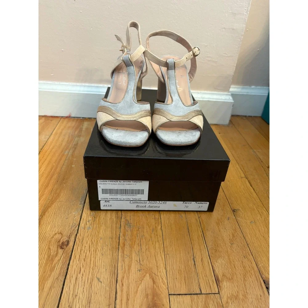Jennifer Tattanelli Firenze Brook Aurora Suede T-Strap Mary Jane Block Heel 37‎